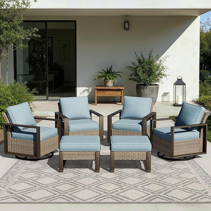 Joyside Outdoor Patio Swivel Rocker Chairs, 5 Pieces Wicker Furniture Set, 2 Swivel Rocking Chairs and 2 Ottoman, Metal Wide Armrest, Thick Cushions and Deep Seating for Garden, Backyard, Porch, Deck