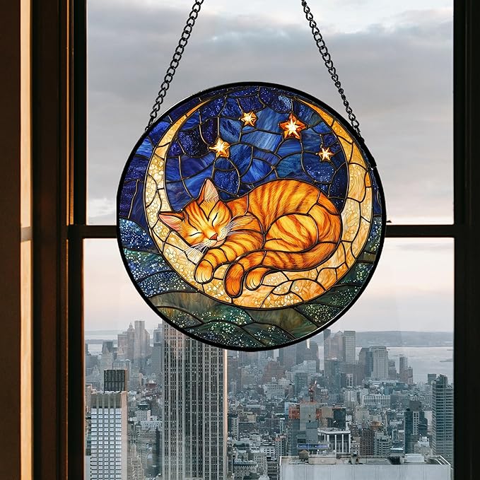 AMDERVEN Stained Glass Window Hanging - Orange Moon Sleeping Cat Sun Catcher for Door Home Decor Blue Starry Sky Suncatcher Christmas Mother's Day Birthday Gifts for Women Men Mom Nana 7.8 in