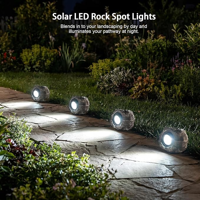 Solar Garden Rock Lights Outdoor - IP65 LED Waterproof Solar Spotlight, Solar Powered Landscape Path Decorative Garden Stone Lights for Pathway, Walkway, Yard, Patio (4 Pack)