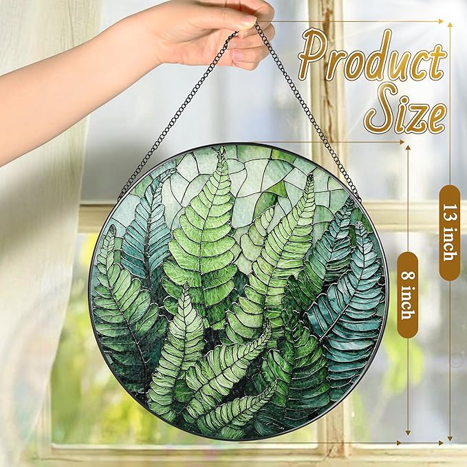 LAOWEIKI 8'' Fern Plant Sun Catcher Ornament, Stained Glass Window Hanging, Sun Catchers for Windows Hanging Ornaments, Window Decor | Plant Lover Gifts, Housewarming Gifts