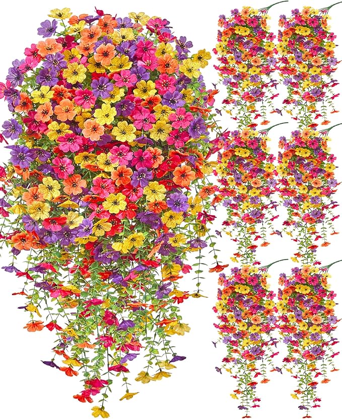 Serwalin 6PCS Artificial Fall Flowers for Outdoors Decoration, Realistic Silk Artificial Fall Hanging Flowers for Patio, Garden, Porch, Window, Outside (Yellow, Hot Pink, Purple &Orange,6PCS)