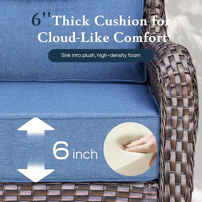 Belord Luxury 6" Thick Cushioned 11 Pieces Patio Furniture Set with Outdoor Couch, Wicker Outdoor Conversation Set with High Back Swivel Rocker Chairs for Deck Porch Yard and Poolside - Brown+Blue