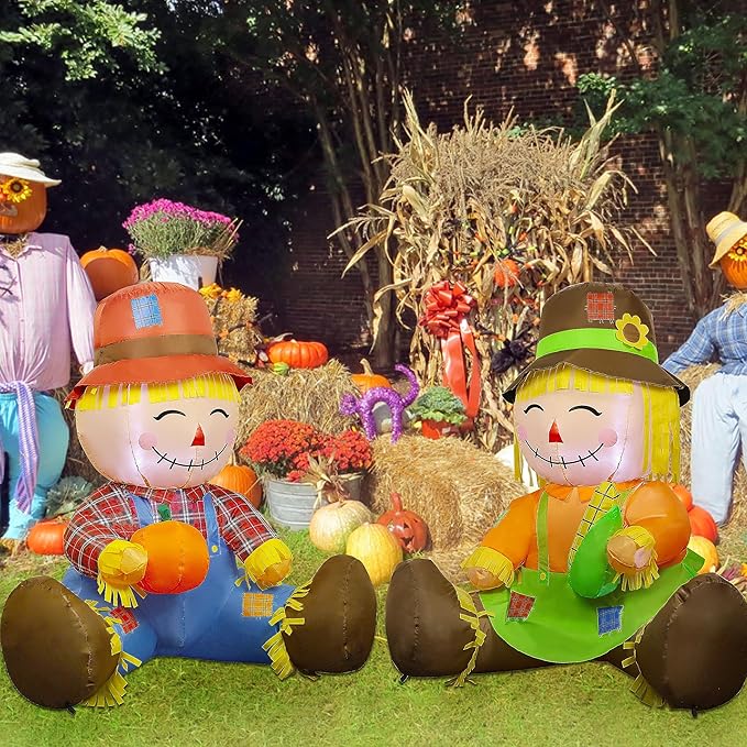 Lulu Home 3.3FT Fall Inflatable Decoration, Set of 2 Air Blown Scarecrow Couples with Built-in LED Lights for Harvest Indoor Outdoor Front Door Yard Lawn Garden Thanksgiving Decor