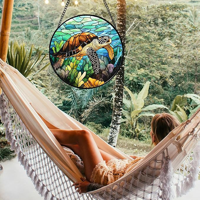 HWRHTR Stained Glass Window Hanging - Cute Sea Turtle Suncatcher for Door Garden Yard Blue Ocean Sun Catchers Decor Christmas Mother's Day Birthday Children's Gifts for Women Mom Nana Friend 7.8 in
