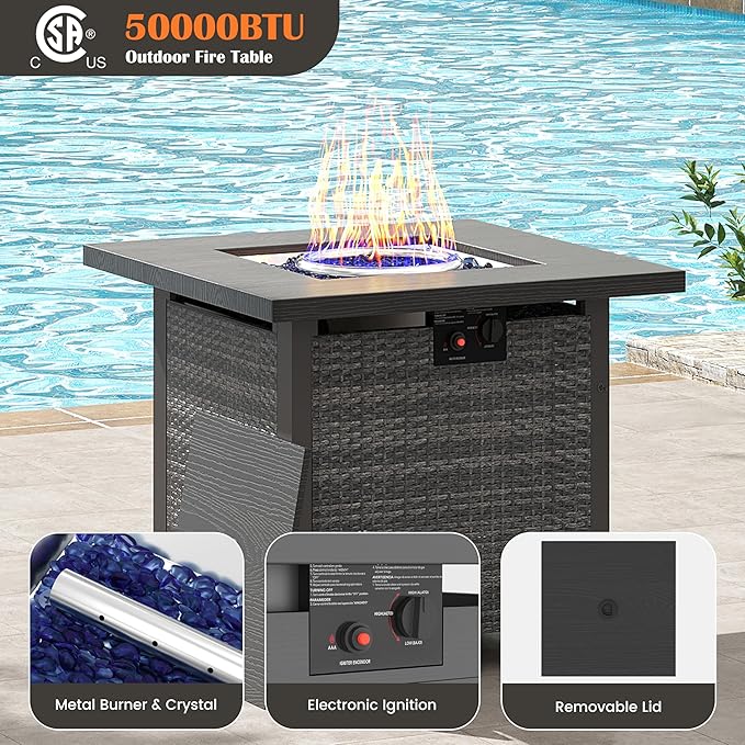 6 Pieces Rattan Outdoor Furniture Set, All-Weather Patio Conversation Set with Warm Grey Cushions, Coffee Table and 28" Fire Pit Table for Garden, Backyard, Balcony, Poolside
