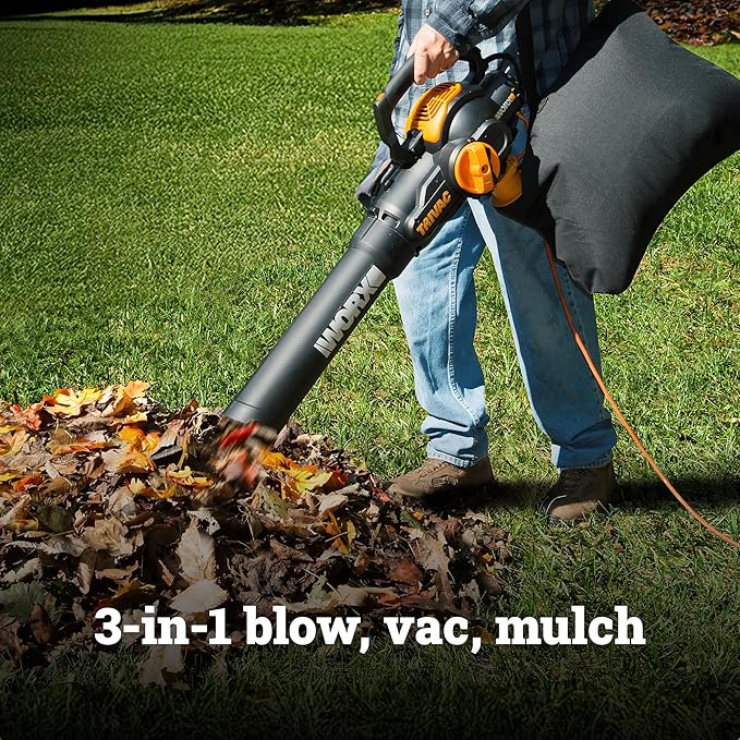 WORX Trivac 3 in 1 Electric Leaf Blower for Lawn Care, Leaf Vacuum with 600 CFM, Leaf Mulcher with Metal Impeller, WG512