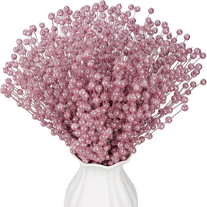 Syhood 200 Pcs Glitter Berry Stems, 13.8 Inches Christmas Berry Picks Holly Branches for Christmas Tree Decorations, Holiday Ornaments Home Decor and DIY Crafts(Pink)