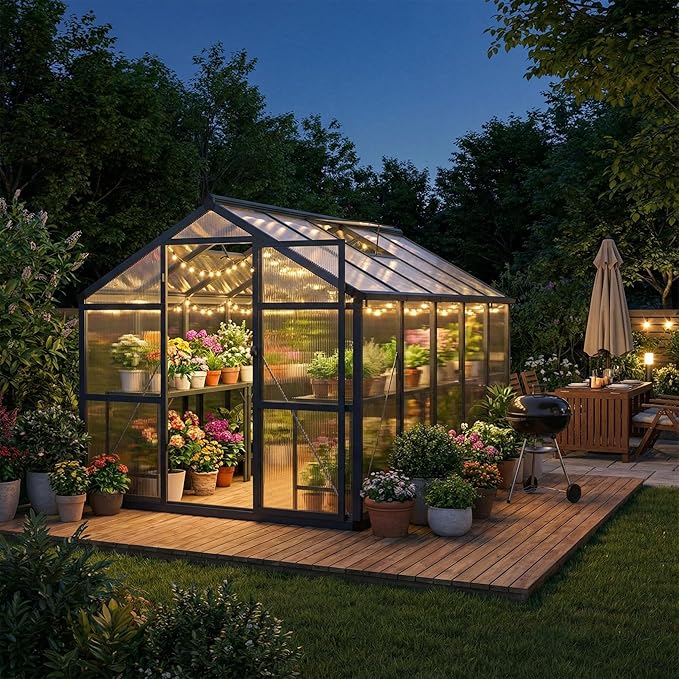 6x10 FT Greenhouse, Polycarbonate Walk-in Greenhouse for Outdoors with Roof Vent & Lockable Outward-Opening Swing Door, Heavy-Duty Aluminum Green House for Garden, Backyard, Patio, Lawn, Dark Grey