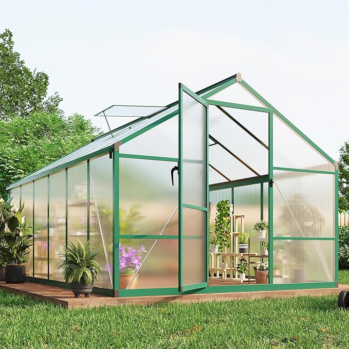 8x12 FT Greenhouse, Greenhouses for Outside, Polycarbonate Greenhouse with Aluminum Frame, Lockable Door and Ajustable Roof Vent for Backyard, Green Houses for Outside Garden Backyard, Patio