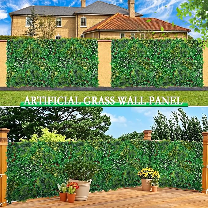 Yangrass Artificial Grass Wall Panels, 20''x20'' 8pcs Boxwood Wall Panels with Tropical Leaves, Faux Greenery Privacy Fence Screen, Grass Backdrop for Outdoor Indoor Garden Birthday Wedding Decor