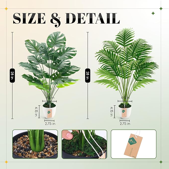 Der Rose 2Pcs Fake Plants 28'' Large Artificial Palm Tree and Faux Plants Indoor Tall in White Pots for Home Office Bathroom Patio Floor Outdoor Decor