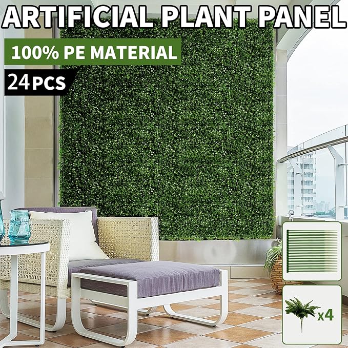 TOPDEEP 24 Pieces 24"x 16" Artificial Boxwood Panel, Grass Wall Panel, Boxwood Hedge Wall Panels UV Protected Suitable for Artificial Green Wall Decor, Fence Garden Wedding Backyard Decor