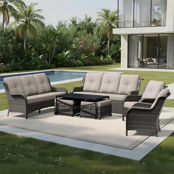 Joyside 7 Piece Wicker Patio Furniture Set, Rattan Patio Chairs with High Back, Deep Seating, Wide Armrest, Thickened Cushions, Outdoor Furniture for Deck, Porch Use