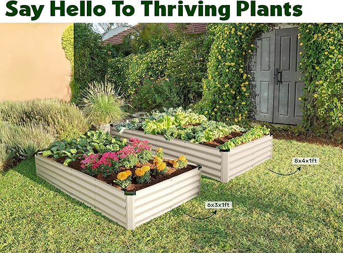 Plant & Plot Galvanized Raised Garden Beds Outdoor // 8×4×1 ft Planter Raised Beds for Gardening, Vegetables, Flowers // Large Metal Garden Box (White) // Patented Tool-Free Design