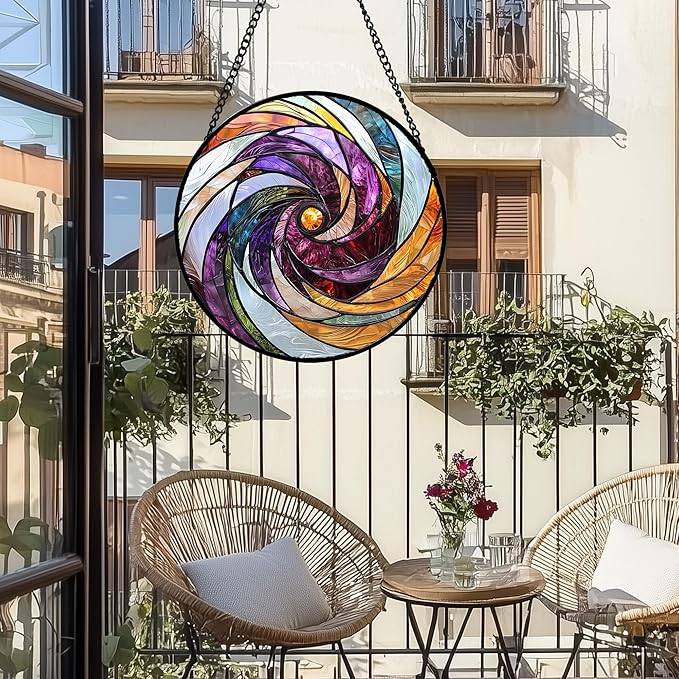 Stained Glass Window Hanging, Colorful Abstract Spiral Pattern Suncatcher for Doors Window Home Sun Catchers Decoration Mother's Day Birthday Gifts for Women, Men, and Mom 11.8 in