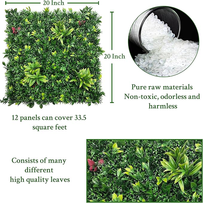 ODTORY Artificial Boxwood Panels: 20"x20" 12P UV-Anti Fake Grass Ivy Privacy Hedge Greenery Backdrop Fence Wall Screen for Garden Fence Covering Privacy, Outdoor Indoor Home Decor