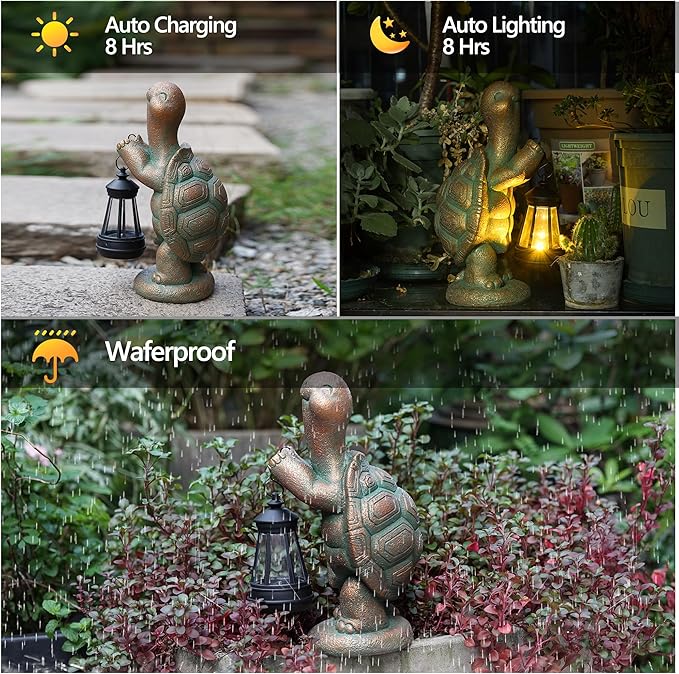 Roundot Turtle Solar Powered Outdoor Garden Statue, Resin Statue with Solar Light Lantern, Decorative Lawn, Yard Outdoor Turtle Decoration. Unique Home Decoration, Gifts for Women