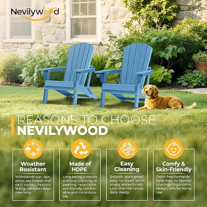 nevilywood Folding Adirondack Chair with Cup Holder Set of 4, HDPE Patio Chairs,All-Weather Outdoor Chairs for Backyard, Deck,Fire Pit-LightBlue