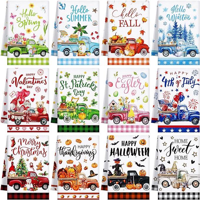 FuWeave 12 Pcs Seasonal Kitchen Towels Set for All Holidays Hand Dish Tea Towels Gift Bulk Valentine's Day Absorbent Dishcloths Housewarming Gift for Cooking Kitchen Bathroom(Truck Style)