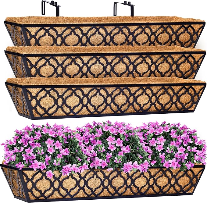 HFHOME 4 Pcs 30" Window Box Deck Railing Planter with Horse Trough Coco Liners, Black Metal Hanging Flower Planters Baskets for Indoor, Outdoor, Balcony, Porch, Fence, Patio, and Lawn
