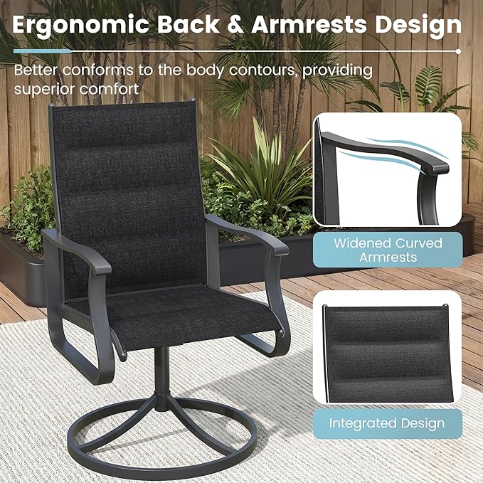 Patio Swivel Chairs Set of 4, Outdoor Dining Chairs with High Back, 360° Swivel Rocker Chair in All-Weather Padded Textilene & Metal Frame for Garden, Porch, Backyard, Balcony(Padded Black)