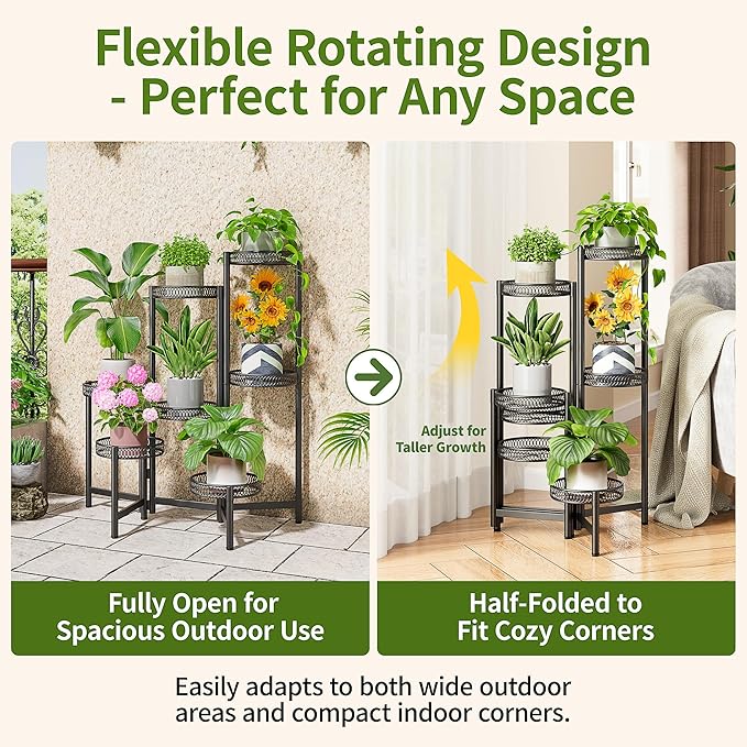 NQW Plant Stand Indoor Outdoor, 7 Tier Large Plant Stand with 7.9-Inch Wide Drainage Tray, Tiered Corner Metal Iron Flower Display Holder Shelf, Folding Tall Rack for Patio Balcony Porch - BlackFlower