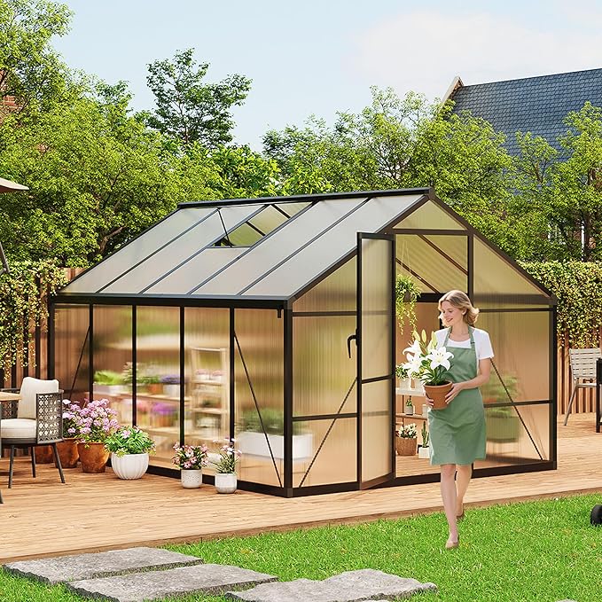 8X10FT Outdoor Greenhouse, Aluminum Polycarbonate House, Green Houses for Outside with Sliding Doors, Ajustable Roof Vent, Withstands Bad Weather for Garden, or Backyard, Black
