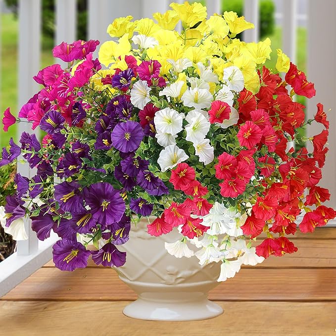 Artificial Flowers for Outdoors 12 Bundles Realistic Faux Plants UV Resistant Fake Silk Morning Glory with Eucalyptus for Front Door Planter Patio Porch Spring Summer Decoration (6 Mixed Color)