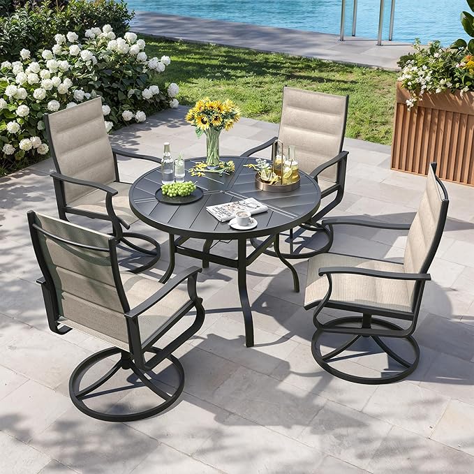 Patio Swivel Chairs Set of 4, Outdoor Dining Chairs with High Back, 360° Swivel Rocker Chair in All-Weather Padded Textilene & Metal Frame for Garden, Porch, Backyard, Balcony(Padded Beige)
