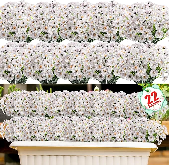 22 Pack Artificial Flowers Outdoor, Faux Flowers UV Resistant with Plastic Plants, Faux Silk Flowers for Outdoors Outside Front Porch Hanging Planter Window Box Garden Decoration(White)