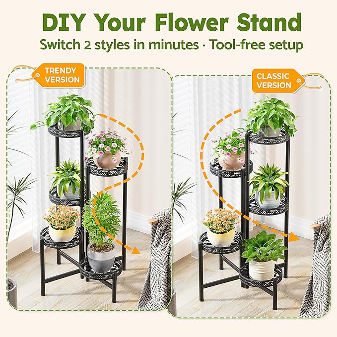 NQW Plant Stand Indoor Outdoor, 5 Tier Corner Metal Flower Display Holder Shelf, Folding Tall Rack for Patio Balcony Porch Garden Living Room House, Heavy Duty Wrought Iron Plant Shelf- BlackWave