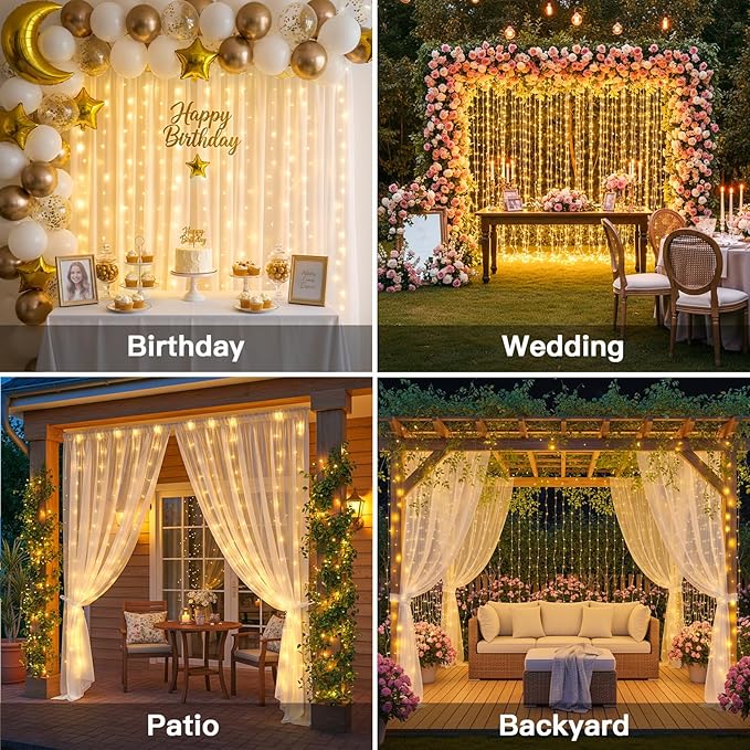 suddus Tangle-Free Curtain Lights,400 LED Connectable Hanging Lights with Hook, Waterproof Window Lights for Christmas, Dorm, Wall, Backdrop, Wedding, Party, Birthday Decor, Warm White