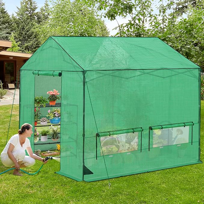10x10 Pop Up Walk-in Greenhouse, Indoor & Outdoor PE Cover Green House with Power Access Ports, Support Pole, Roll-up Zippered Doors and Windows, Green
