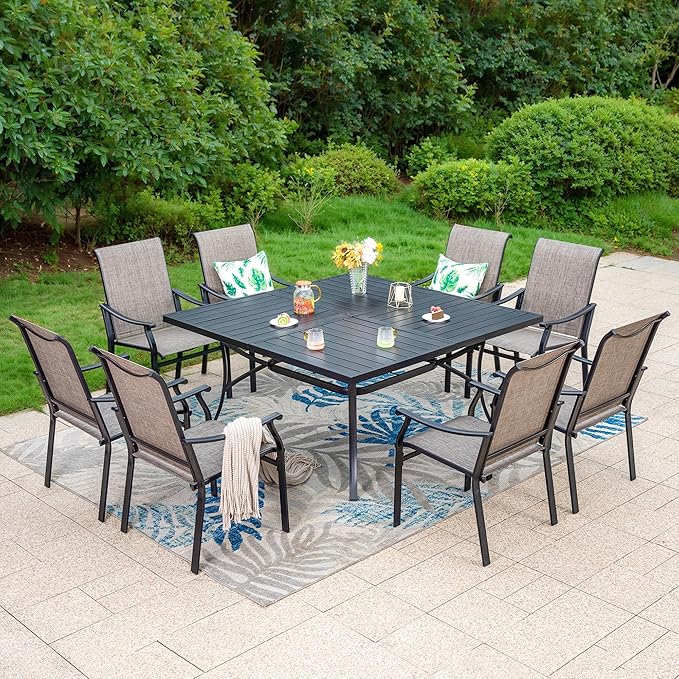 MFSTUDIO Patio Table and Chairs Set, 9 PCS Outdoor Patio Dining Set with 8 Sling Dining Chairs and 1 Square Heavy Duty Metal Table for 8, All Weather Resistant Patio Dining Furniture, Grey