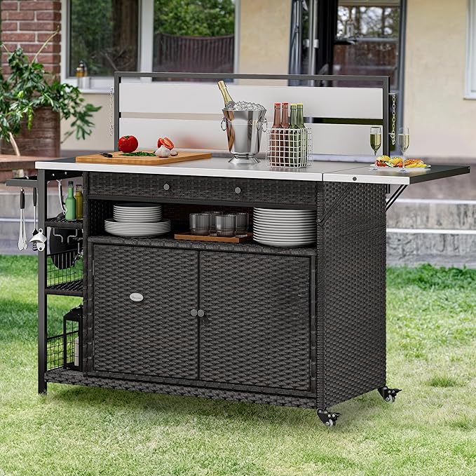 YITAHOME XL Outdoor Kitchen Island, Outdoor Bar Table & Storage Cabinet, Wheels and Stainless Steel Extended Table Top, Side Handle for Patio Kitchen or Bar Cart, Dark Brown