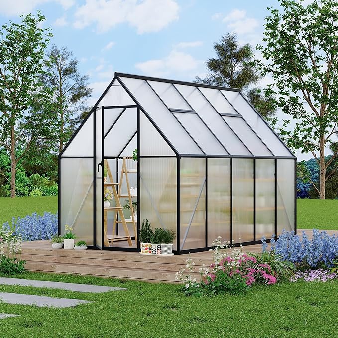 Polycarbonate Greenhouse for Outdoors, Large Walk-InGreenhouse with Quick Setup Structure and Roof Vent, Greenhouse with Ventilation