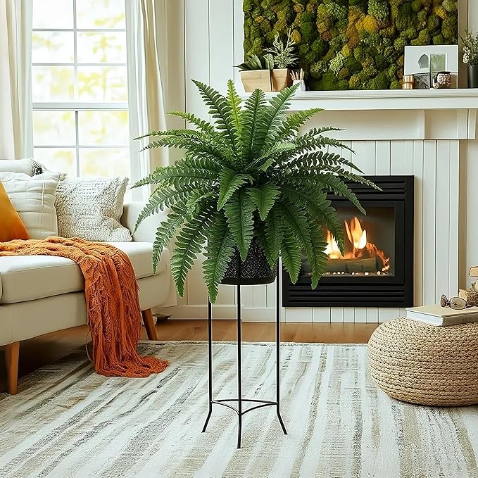 Richeerca Fake Ferns, 35IN Large Fake Bush Plants, 2 Articial Boston Ferns with 39 Fronds for Outdoor Hanging Planter Garden Porch Entrance Home Decor