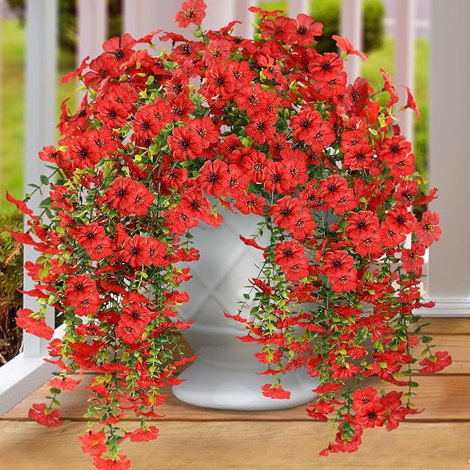 Sggvecsy Artificial Fake Hanging Flowers Plants for Outdoor Outside Spring Summer Decoration 2PCS Faux Silk UV Resistant Realistic Mums Daisy with Eucalyptus for Home Porch Patio Balcony(Red)