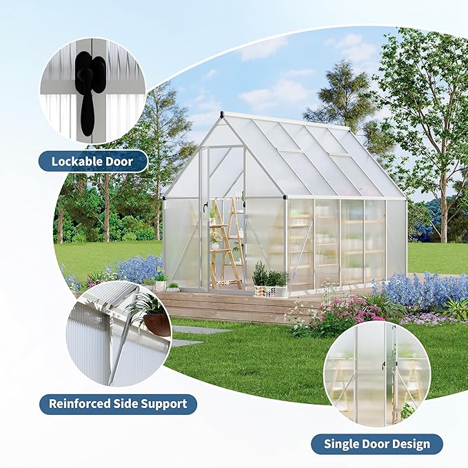 6X9 ft Polycarbonate Greenhouse with Aluminum Frame, Polycarbonate Greenhouse for Outdoors, Greenhouses with Ventilation, Aluminum Large Walk-in Greenhouses for Outside