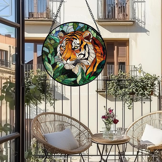 Stained Glass Window Hanging, Fierce Tiger Sun Catcher for Door Home Decor Wild Animals Suncatcher Christmas Mother's Day Birthday Gifts for Women Men Mom and Nana 7.8 in