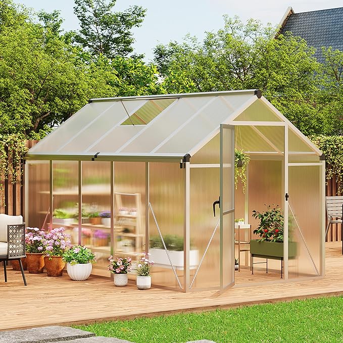 6X10 FT Outdoor Polycarbonate Greenhouse, Sturdy Aluminum Frame, Adjustable Roof Vent, Ideal for Backyard, Patio, or Garden, All-Weather Green House for Growing Plants and Vegetables