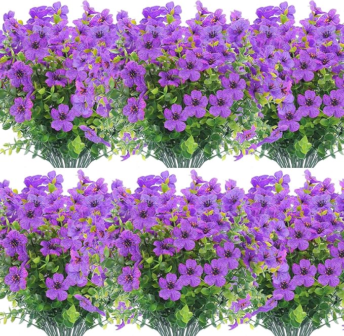 XEOLIAN 12 Bundles Artificial Flowers Outdoor UV Resistant Fake Plastic Plants Indoor Outside Hanging Plants Garden Porch Window Box Home Wedding Farmhouse Festive Shrub Decor (Purple)