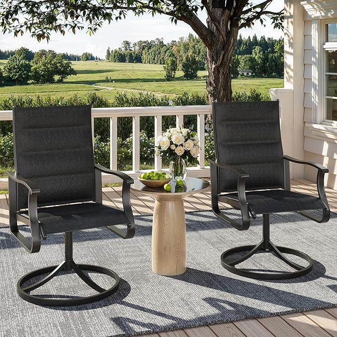 Patio Swivel Chairs Set of 2, Outdoor Dining Chairs with High Back, 360° Swivel Rocker Chair in All-Weather Padded Textilene & Metal Frame for Garden, Porch, Backyard, Balcony(Padded Black)