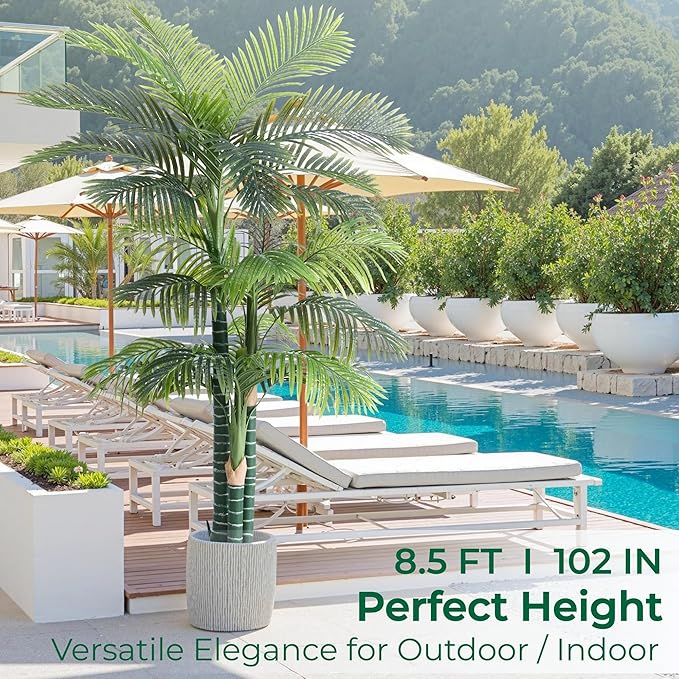 8.5FT Tall Golden Cane Palm Tree with 4 Trunks (1 Pack), Extra Lush Large Faux Plants, UV Resistant Indoor/Outdoor Fake Plant in Heavy Cement Pot - Realistic Tropical Decor for Patio, Home, Office