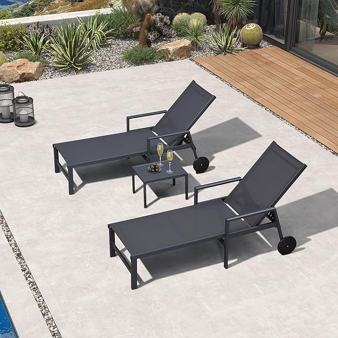 PURPLE LEAF Outdoor Chaise Lounge Set for 2 Aluminum Patio Chaise Lounger Chair with Armrest Adjustable Pool Chaise Lounge Chair for Beach Yard Poolside Table Included, Dark Grey