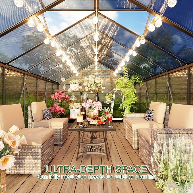 8X10 FT Walk in Greenhouse, Quick Setup Polycarbonate Greenhouses for Outdoor with Roof Vent and Rain Gutter, Swing Lockable Door Large Aluminum Green Houses for Outside, Black