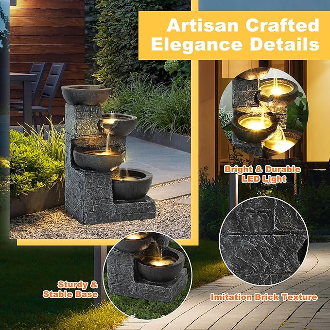 MAGIC UNION Outdoor Water Fountain, 4 Tiers Cascading Bowls Waterfall Indoor Fountain Garden Decor w/LED Lights, Outside Patio Resin Stacked Stones Fountains for Yard, Deck and Porch (Brown)