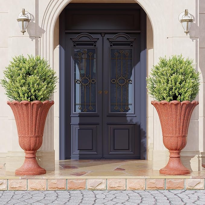 seethmi 23" Tall Planters for Outdoor Plants Set of 2, Planter with Drainage Holes and Petal Design, Large Outdoor Planters for Porch, Garden, Indoor, Red