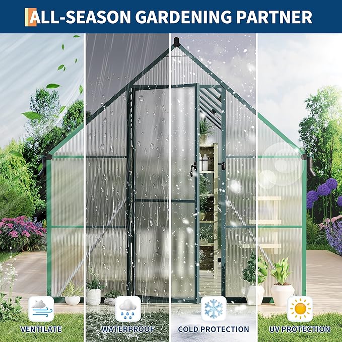 8X14 ft Polycarbonate Greenhouse with Aluminum Frame, Polycarbonate Greenhouse for Outdoors, Greenhouses with Ventilation and Rain Gutter, Aluminum Large Walk-in Greenhouses for Outside