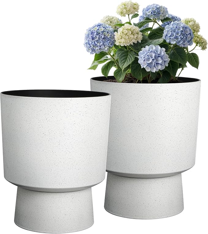 Ultym 16.75"H Urn-Style Tall Planters, 2-Pack Modern Large Flower Pots for Outdoor Indoor, 2-in-1 Design Plant Containers for Garden Patio Yard Balcony Porch or Home Decor, White Terrazzo, UV-Protect